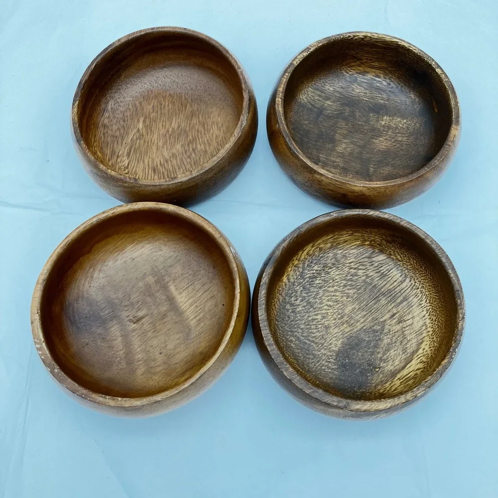 Wood Snack Bowls Set of 4 4in Brown Handcrafted Mid Century Style